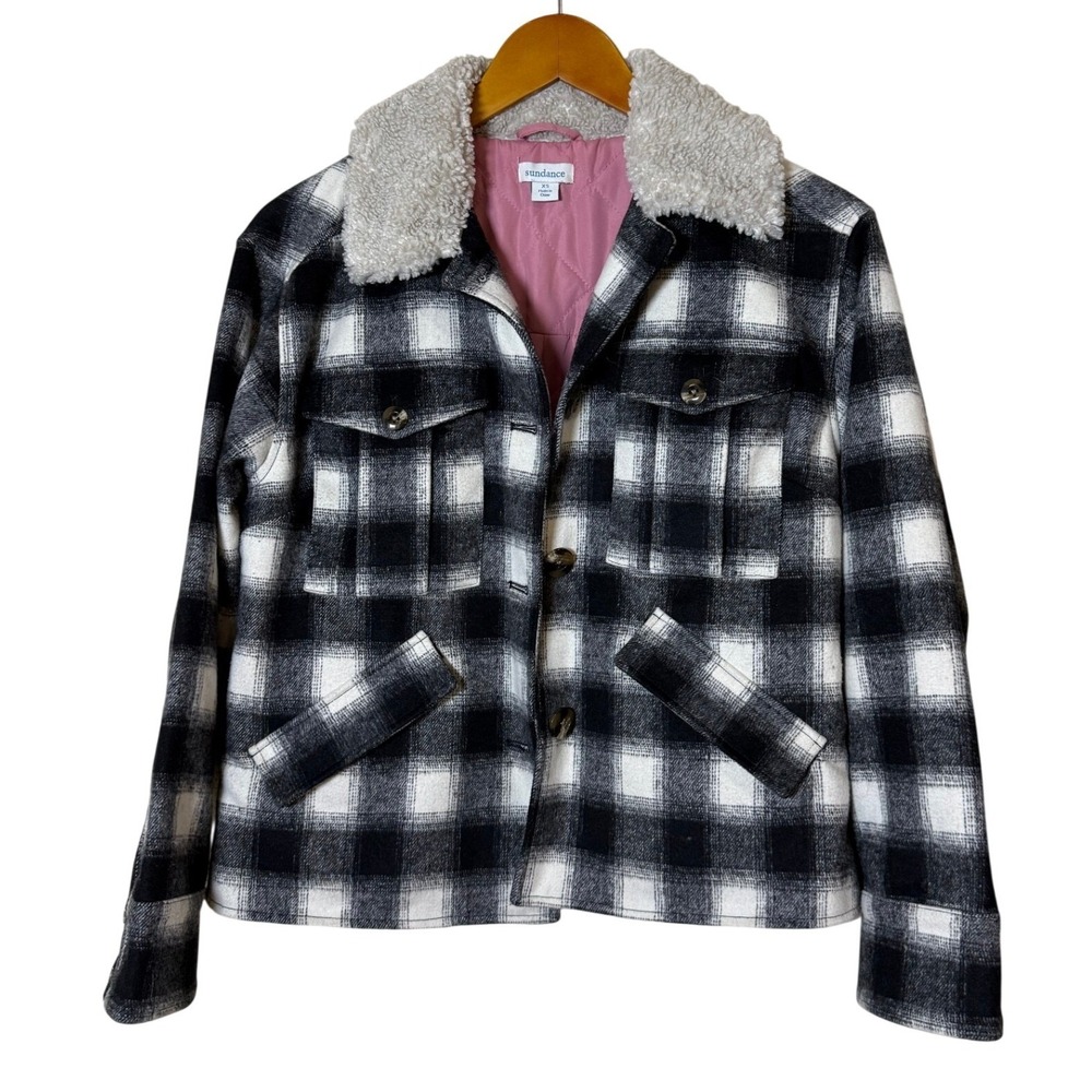 Sundance Women Jacket XS Black White Buffalo Plaid Sherpa Collar Wool Blend Boho